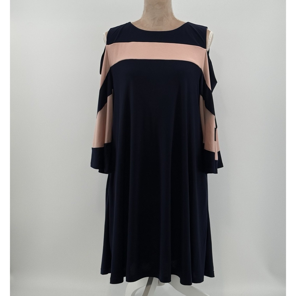 Nina Leonard Dress Womens L Navy Pink Striped Cold Shoulder Draped Bell Sleeve